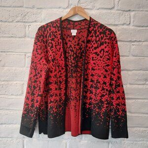Chicos Jacket Womens Large (2) Red Black Abstract Print Textured Open Cardigan.